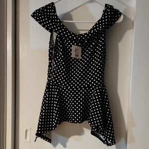 New Pinup Off The Shoulders Black and White Polka Dot Peplum Top
